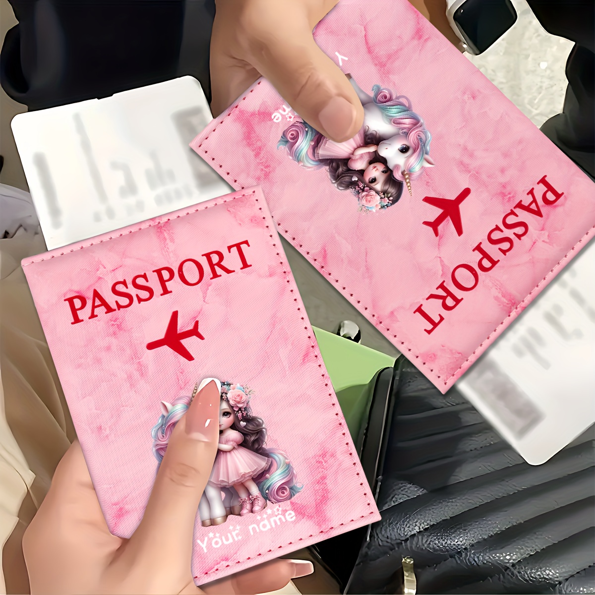 Travel Accessories And Gadgets - Unicorn Girl-patroon PU-paspoorthouder met gouden vliegtuigicoon,